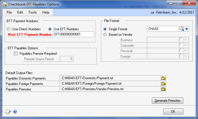 Checkbook EFT Payables Options Microsoft Dynamics GP