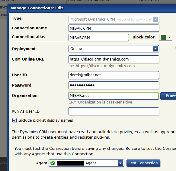 Scribe online CRM connection Configuration 