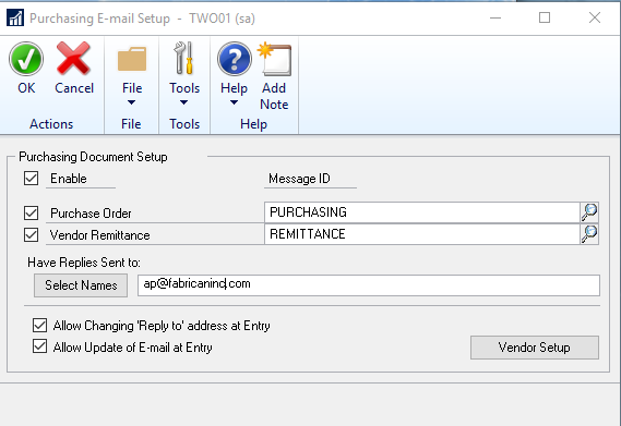 Purchasing email setup Dynamics GP