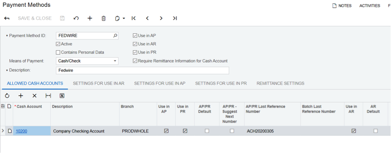 Acumatica Fedwire Payment Method